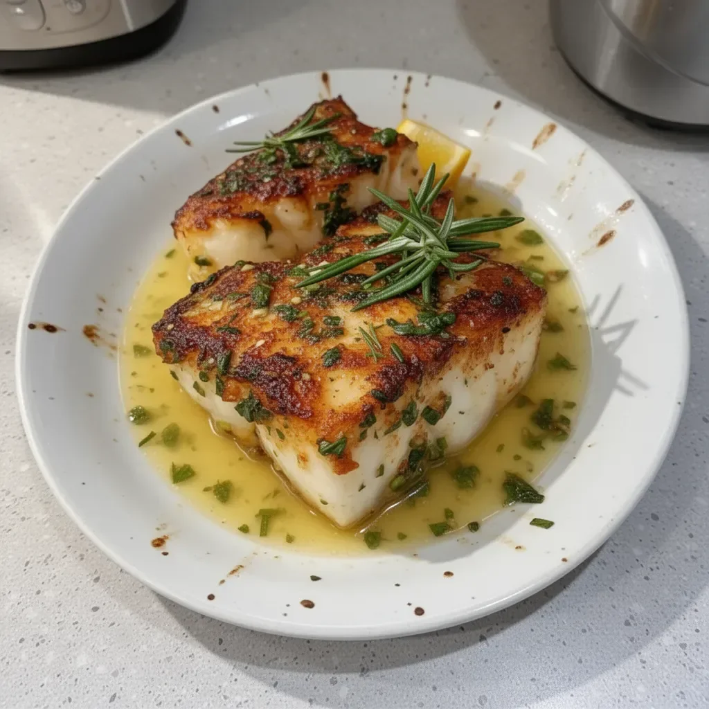 Deliciously cooked Chilean Sea Bass on a plate with lemon and herbs