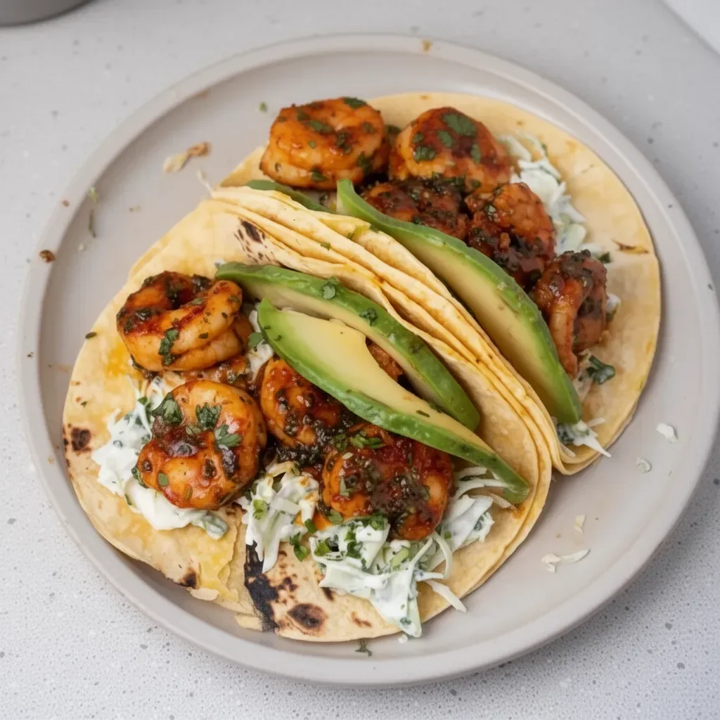 Cilantro lime shrimp tacos with creamy slaw served on a plate