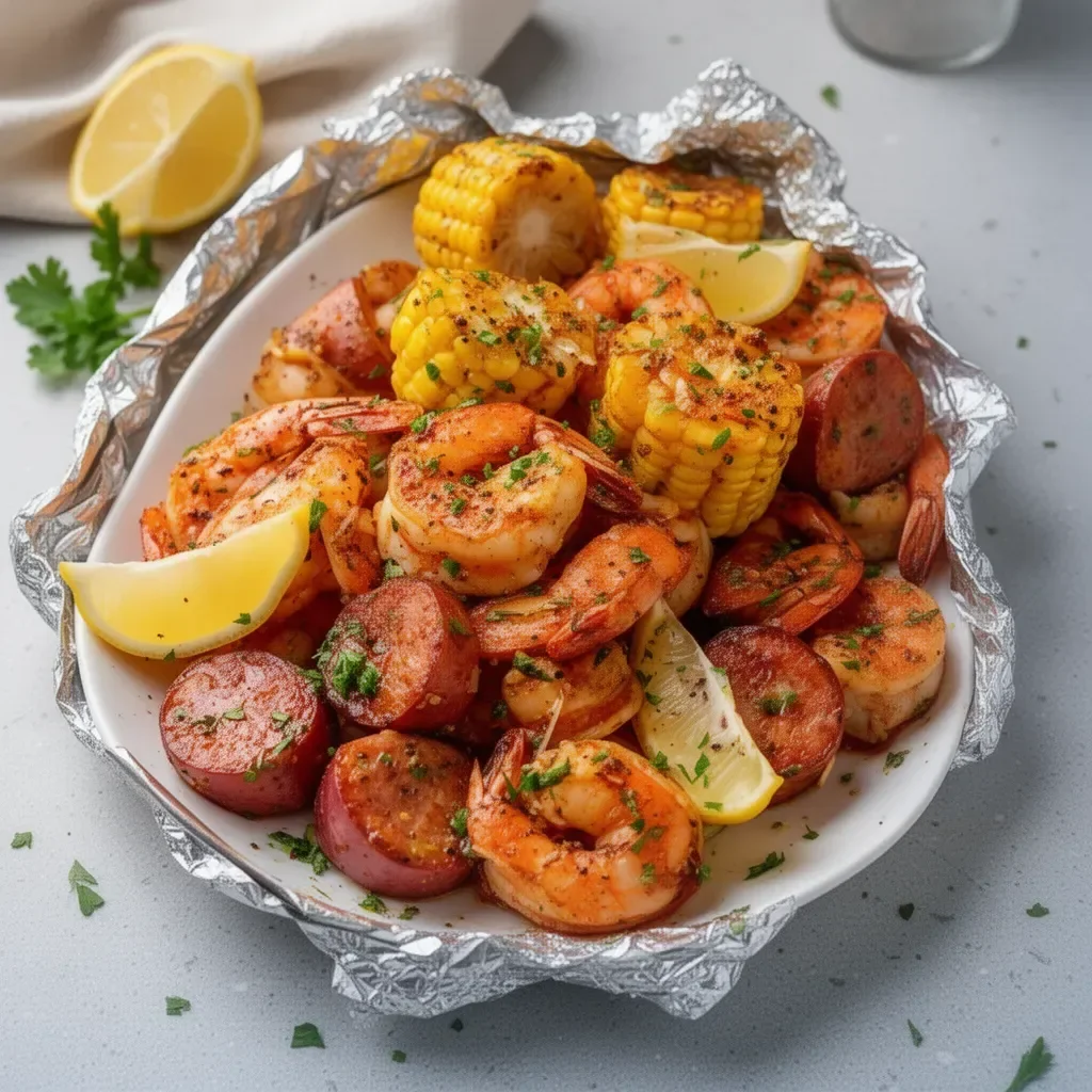 Classic shrimp foil packets with vegetables ready for grilling