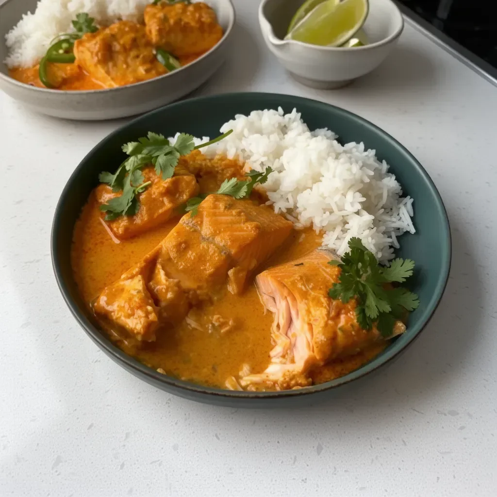 Coconut Curry Braised Salmon served with rice and vegetables