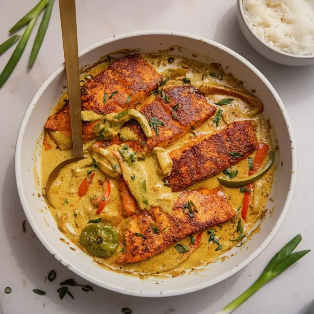 Dish of Coconut Curry Salmon garnished with herbs