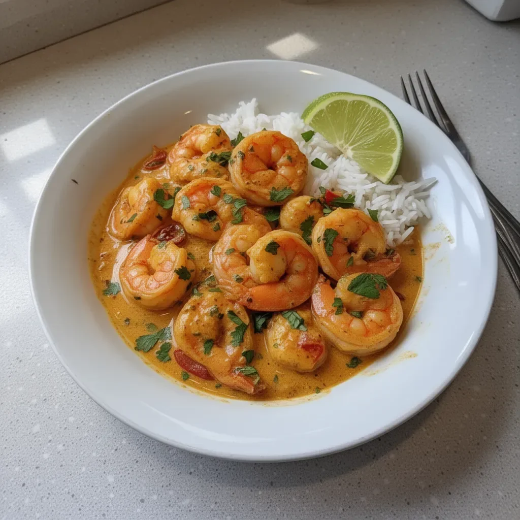 Bowl of coconut curry shrimp with colorful vegetables and aromatic spices