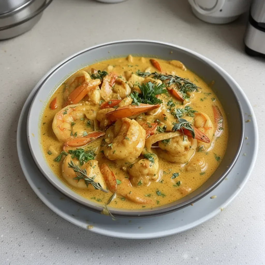 Delicious Coconut Curry Shrimp served with jasmine rice and colorful vegetables.