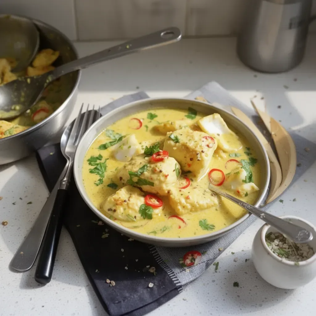 Delicious coconut fish curry served in a bowl with fresh herbs and spices.