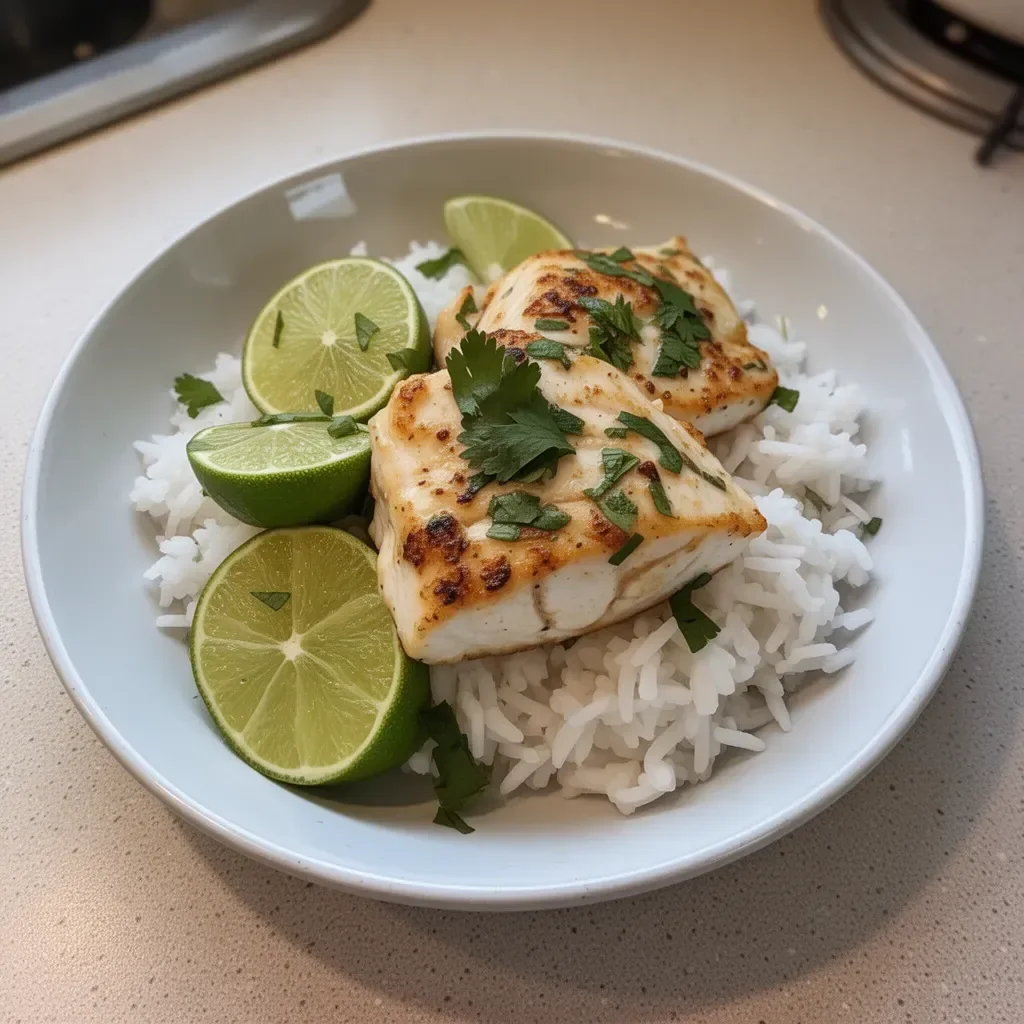 Delicious Coconut Lime Fish served with fresh lime and herbs