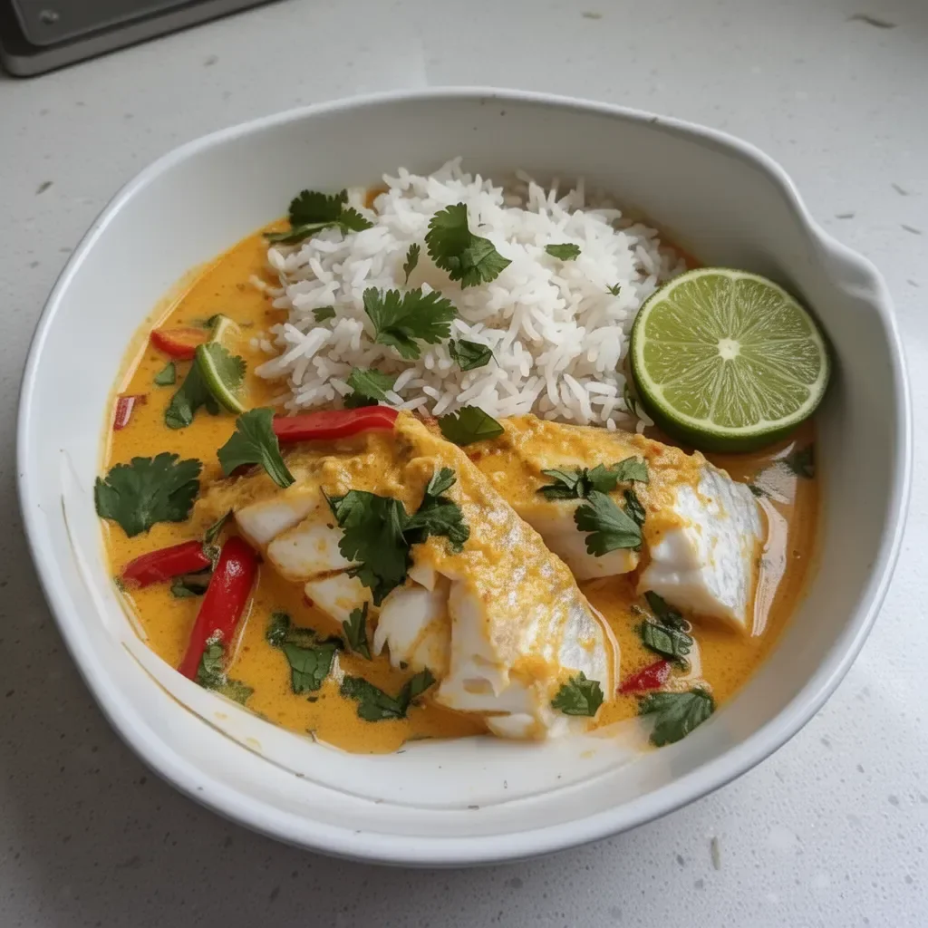 Coconut lime fish curry served with jasmine rice in a vibrant bowl.