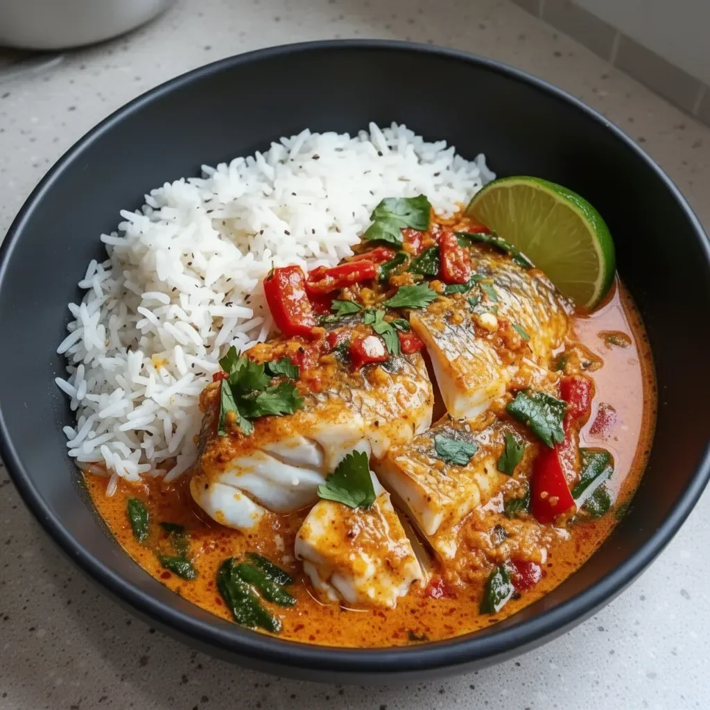 Bowl of Coconut Lime Fish Curry served with Jasmine Rice