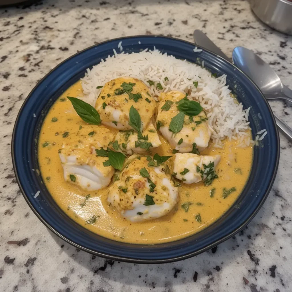 Coconut Lime Fish Curry served with fragrant Jasmine Rice