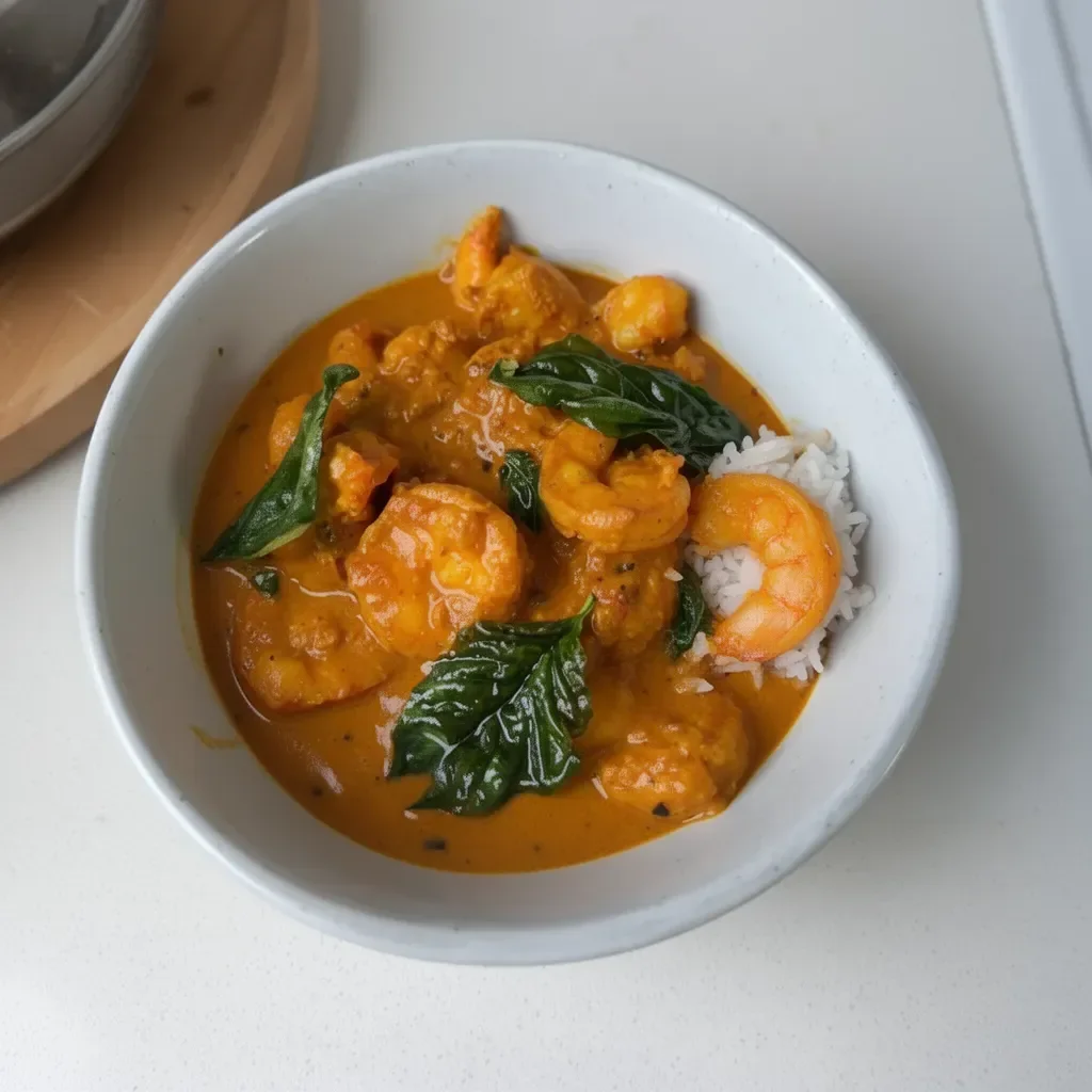 Delicious Coconut Shrimp Curry served with cilantro and lime garnish