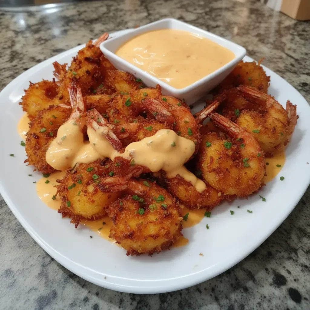 Plate of coconut shrimp served with sweet chili mayo, a tasty seafood appetizer.