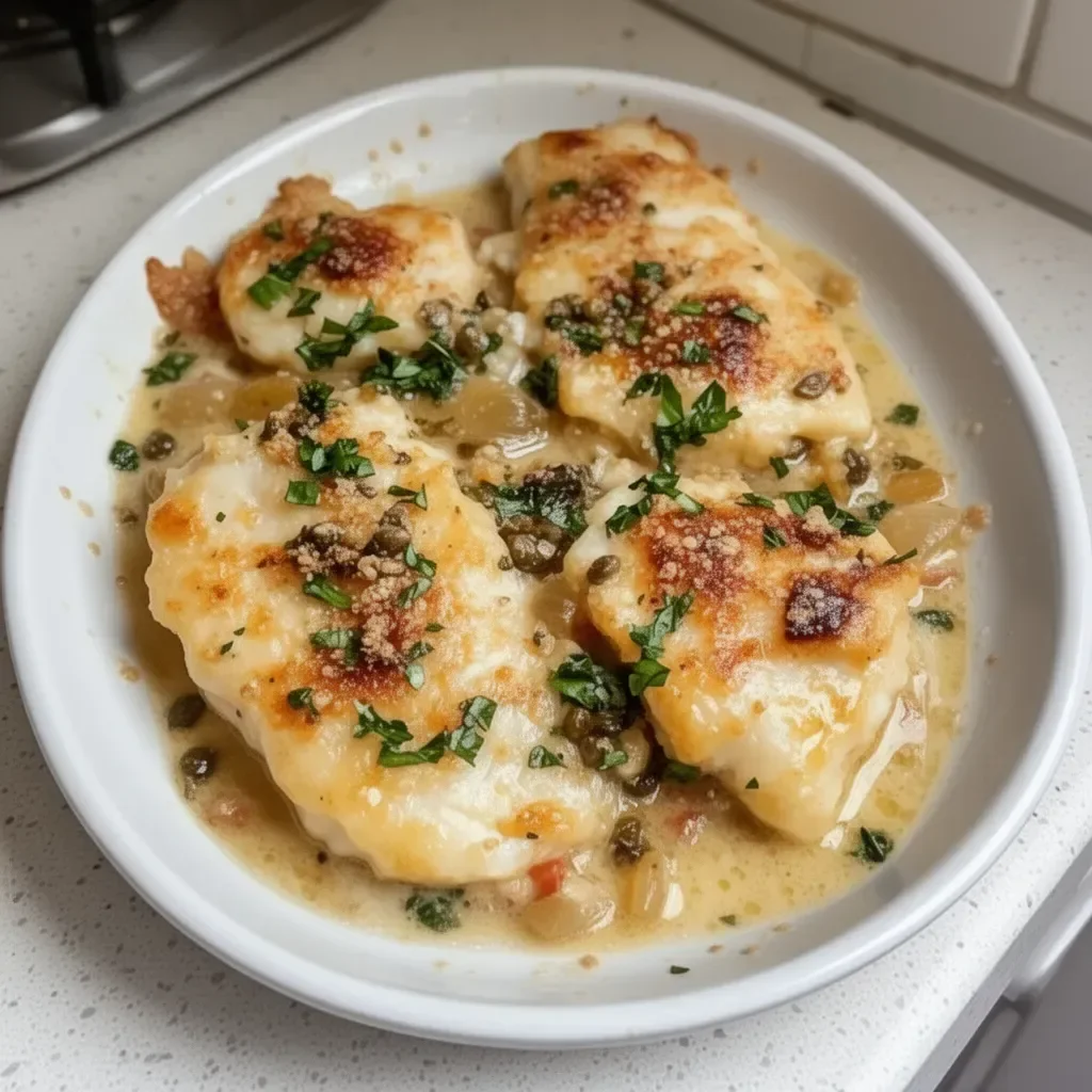 Delicious Cod Piccata served with lemon and capers
