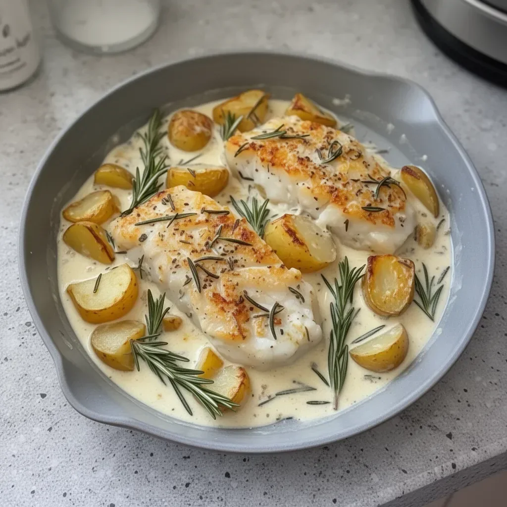 Cod potatoes served in a creamy rosemary sauce