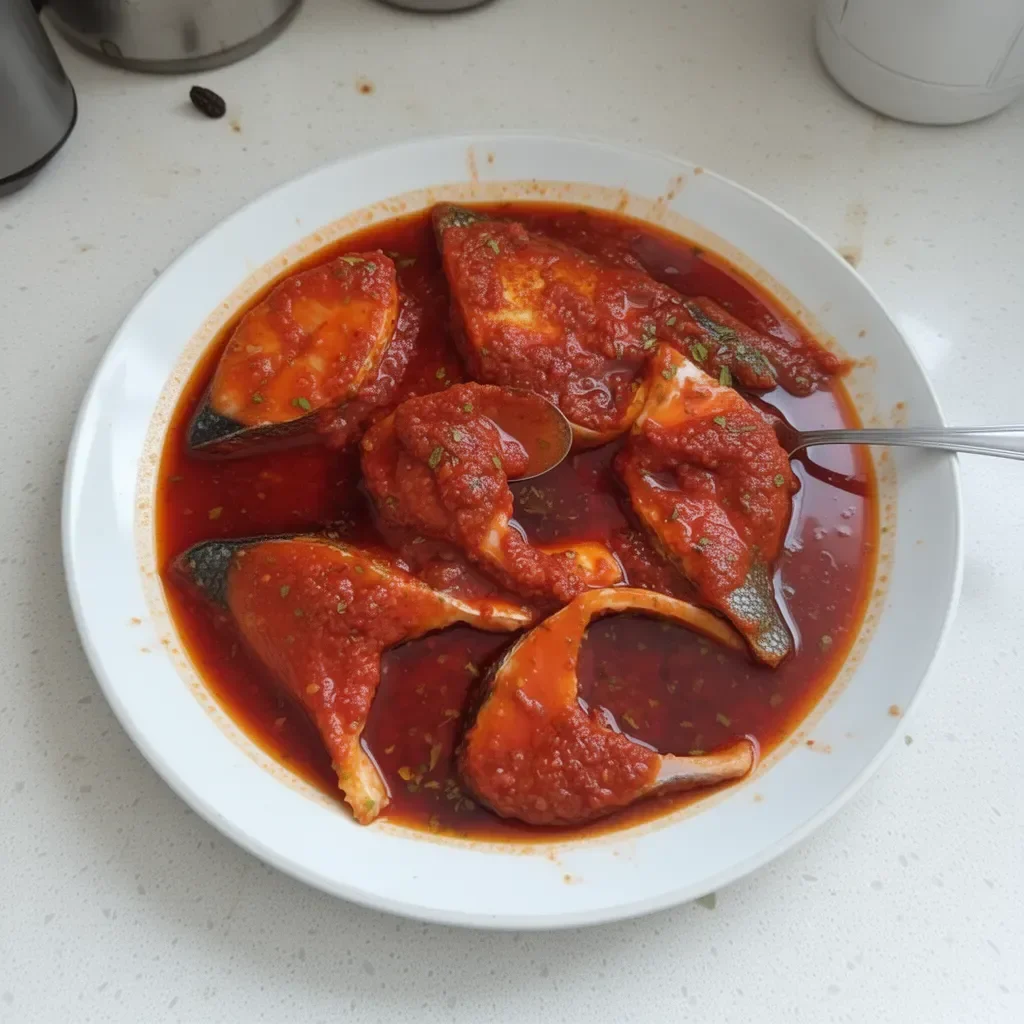 Delicious sea bass fillets in a spicy savory red sauce served on a plate