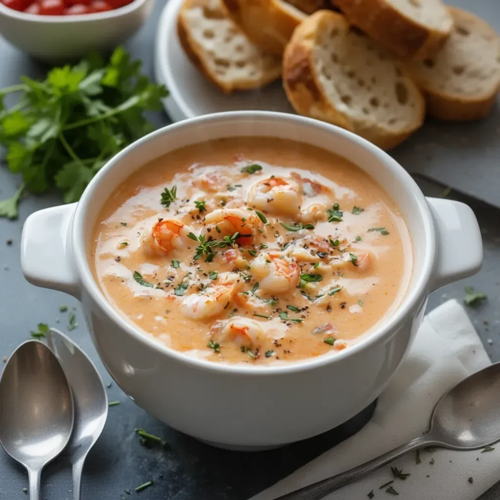 Delicious crab and shrimp seafood bisque served in a white bowl