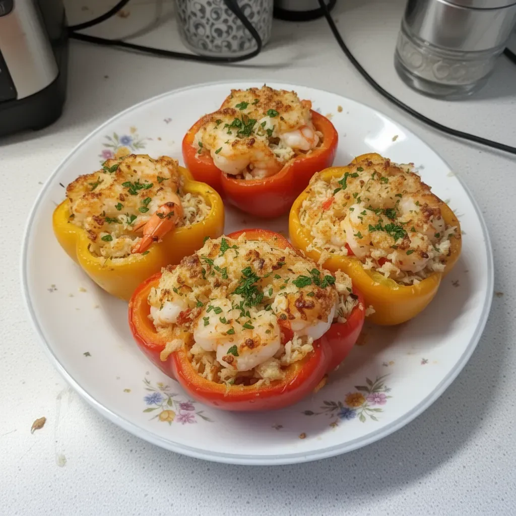 Delicious crab and shrimp stuffed bell peppers ready to serve