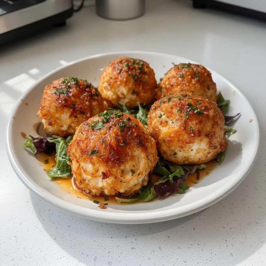 Delicious crab bombs served on a plate with a garnish