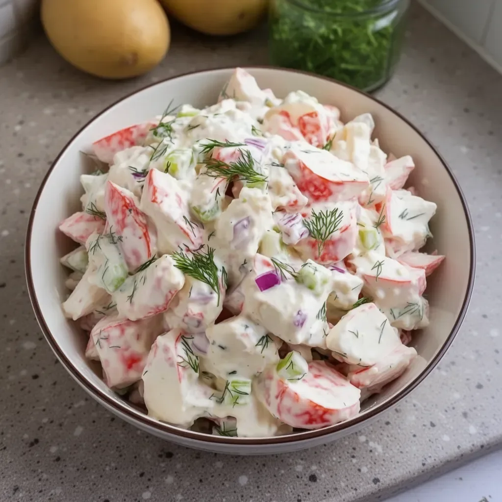 Fresh crab salad with vibrant vegetables and dressing