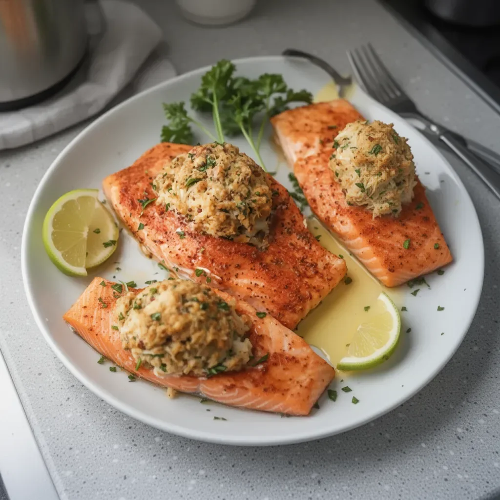 Delicious crab-stuffed salmon on a plate, garnished and ready to serve.