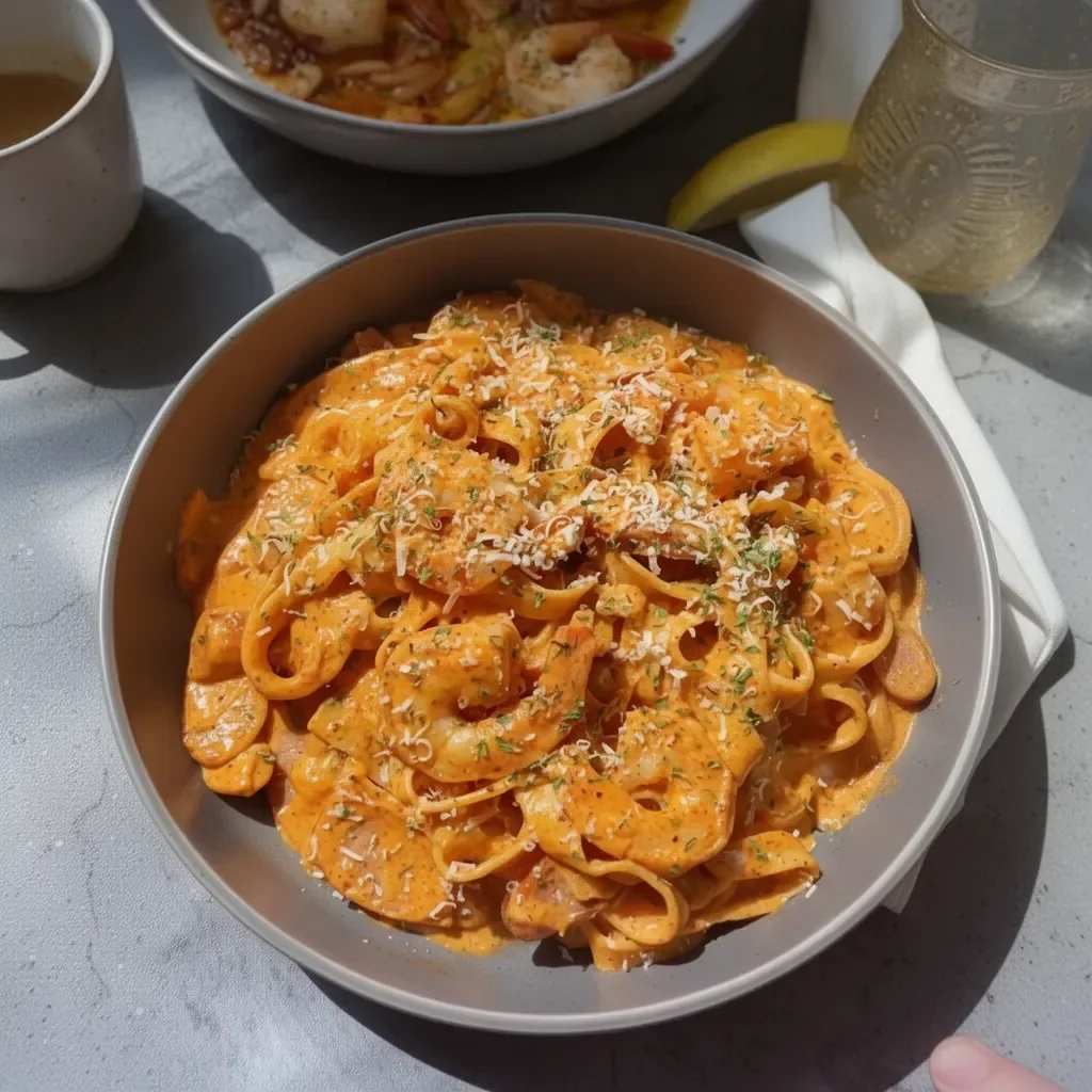 Creamy Cajun shrimp pasta with sausage in a bowl garnished with herbs.