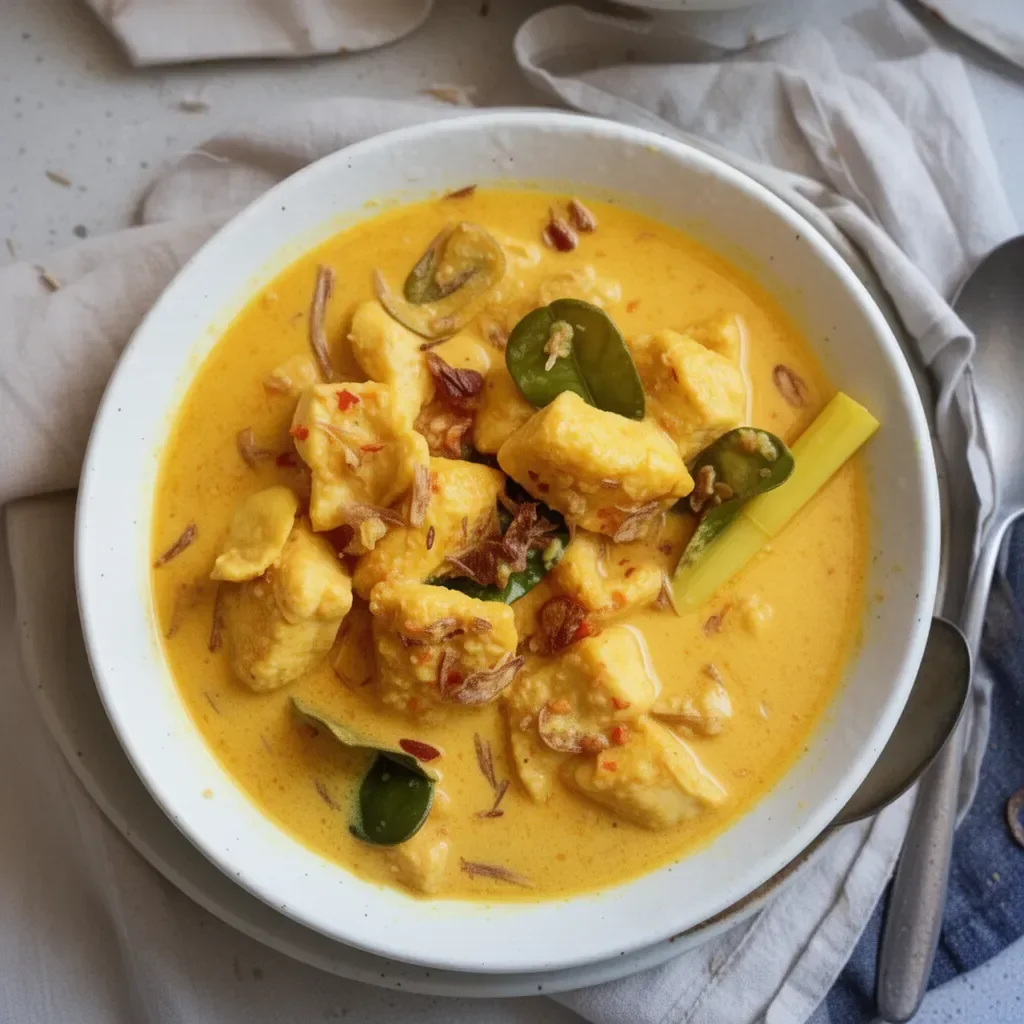 Bowl of Creamy Coconut Indonesian Fish Curry with fresh ingredients and spices