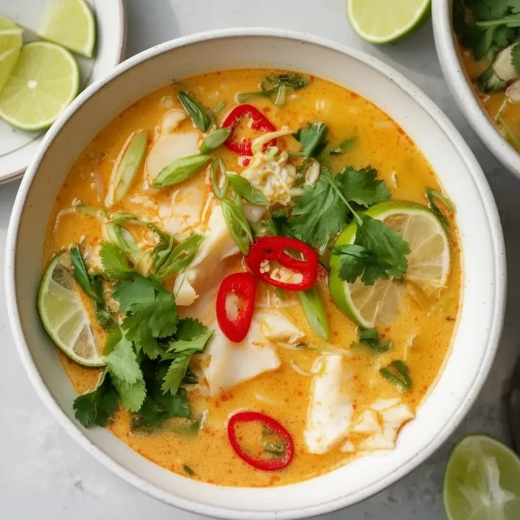 Creamy coconut lime fish soup garnished with lime and herbs