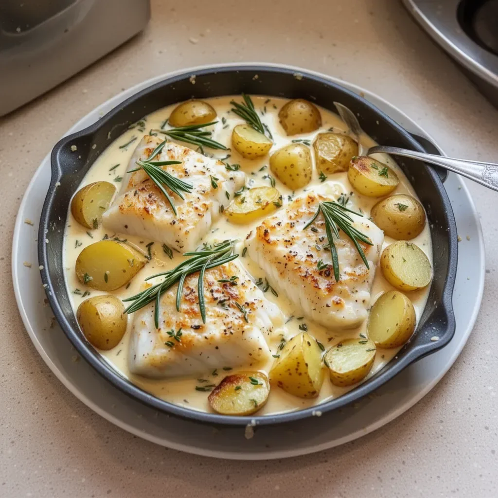 Delicious creamy cod served with tender potatoes on a plate