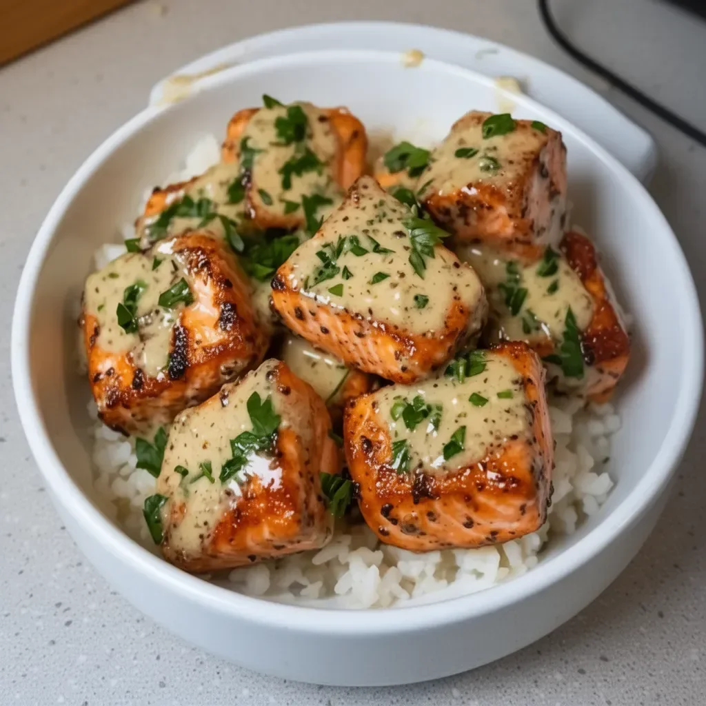 Delicious creamy garlic butter salmon bites on a plate