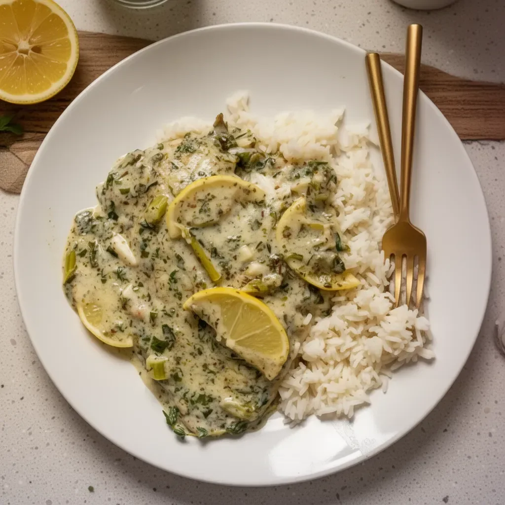 Creamy Lemon Garlic Herb Tilapia served with fresh herbs and lemon slices
