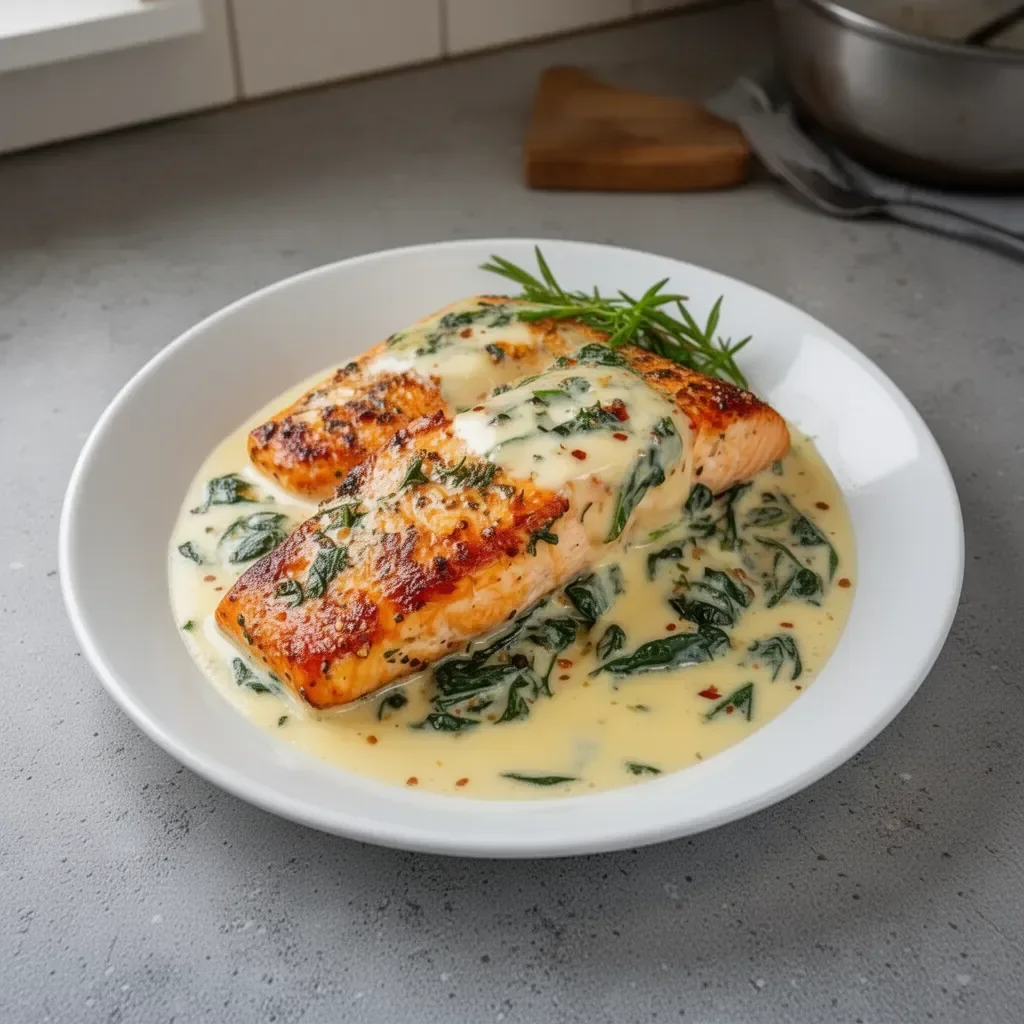 Creamy salmon florentine dish with spinach and cheese sauce