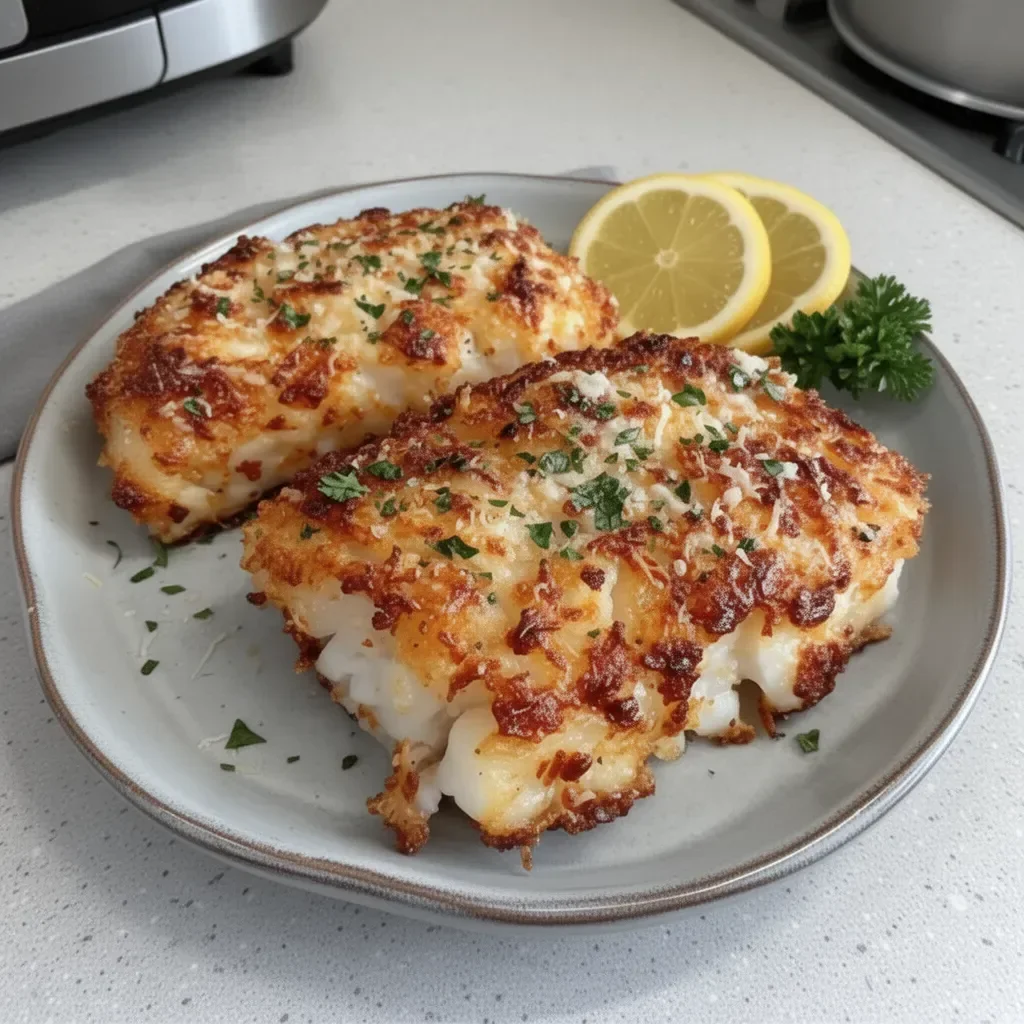Crispy air fryer parmesan crusted cod fillets on a plate with lemon wedges.