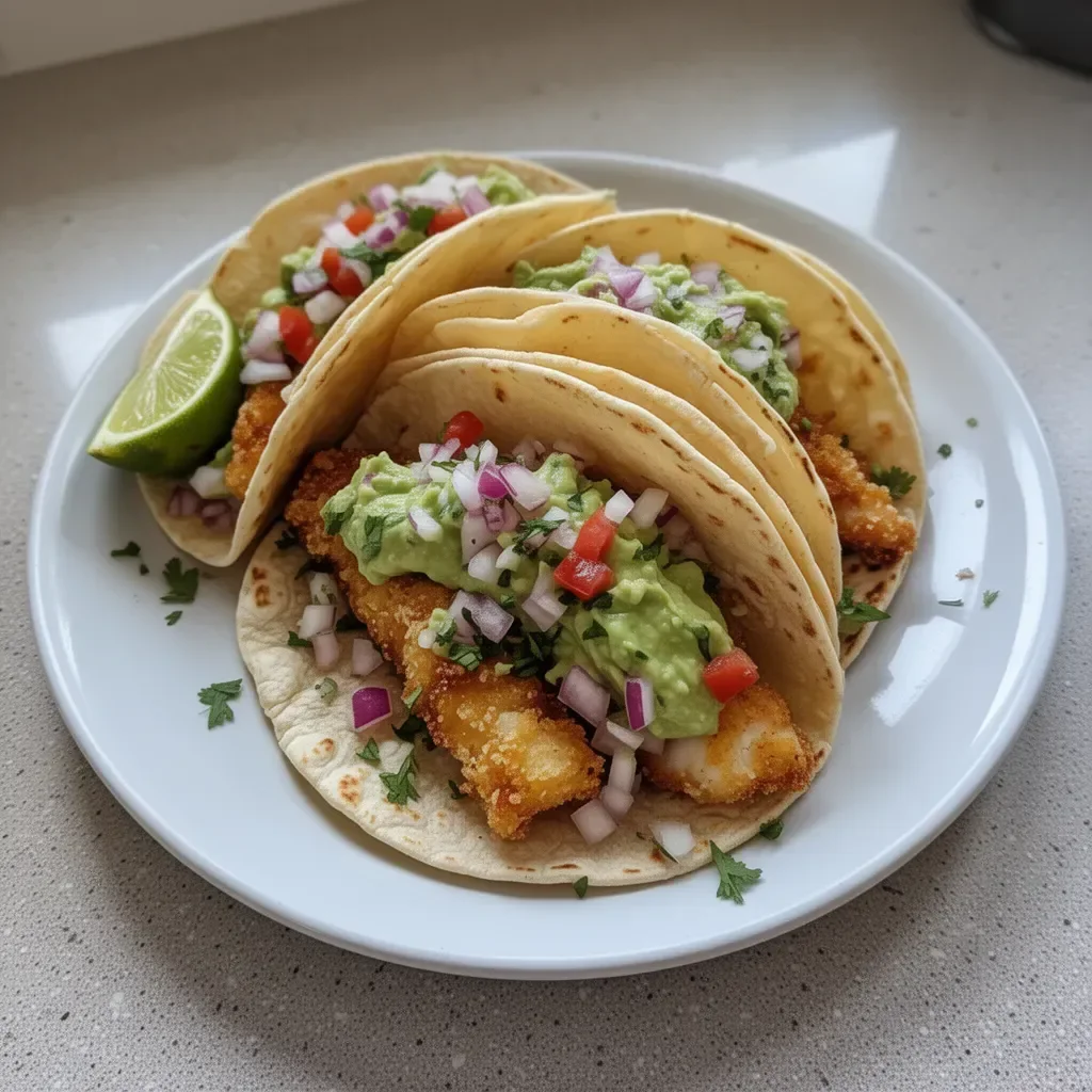Crispy Baja fish tacos served with avocado cream on a plate