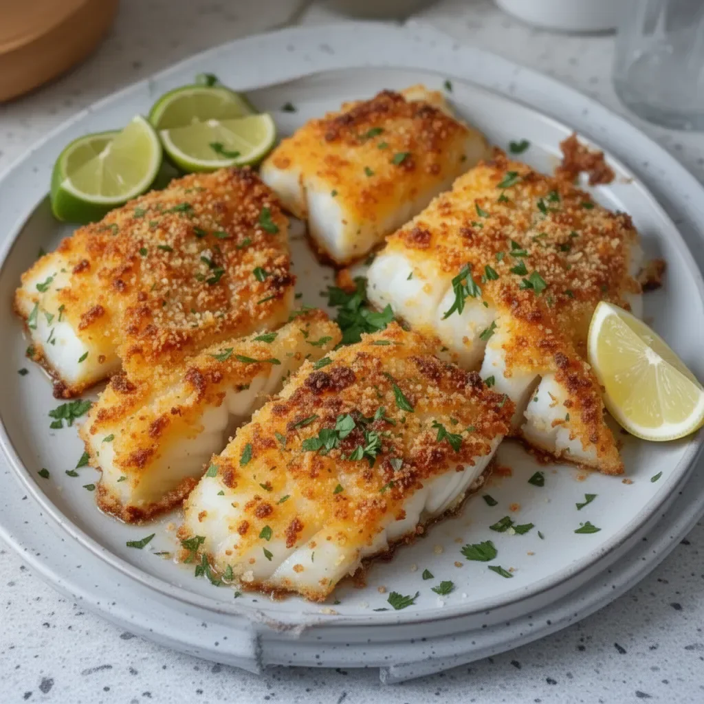Delicious crispy baked cod fillets served with fresh lemon and herbs.