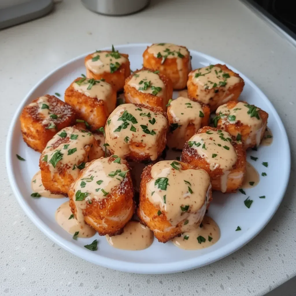 Crispy Bang Bang Salmon Bites served on a plate with dipping sauce