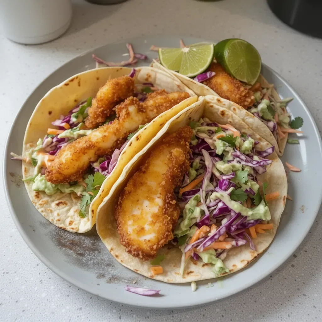 Plate of crispy fish tacos with cilantro lime slaw garnished with fresh herbs
