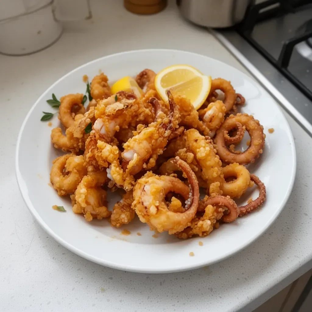 Plate of crispy fried baby octopus garnished with herbs and spices.