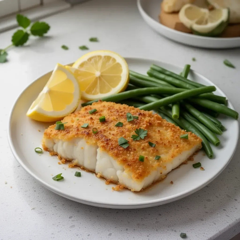 Crispy Parmesan-Crusted Cod fillet served with lemon wedges and herbs