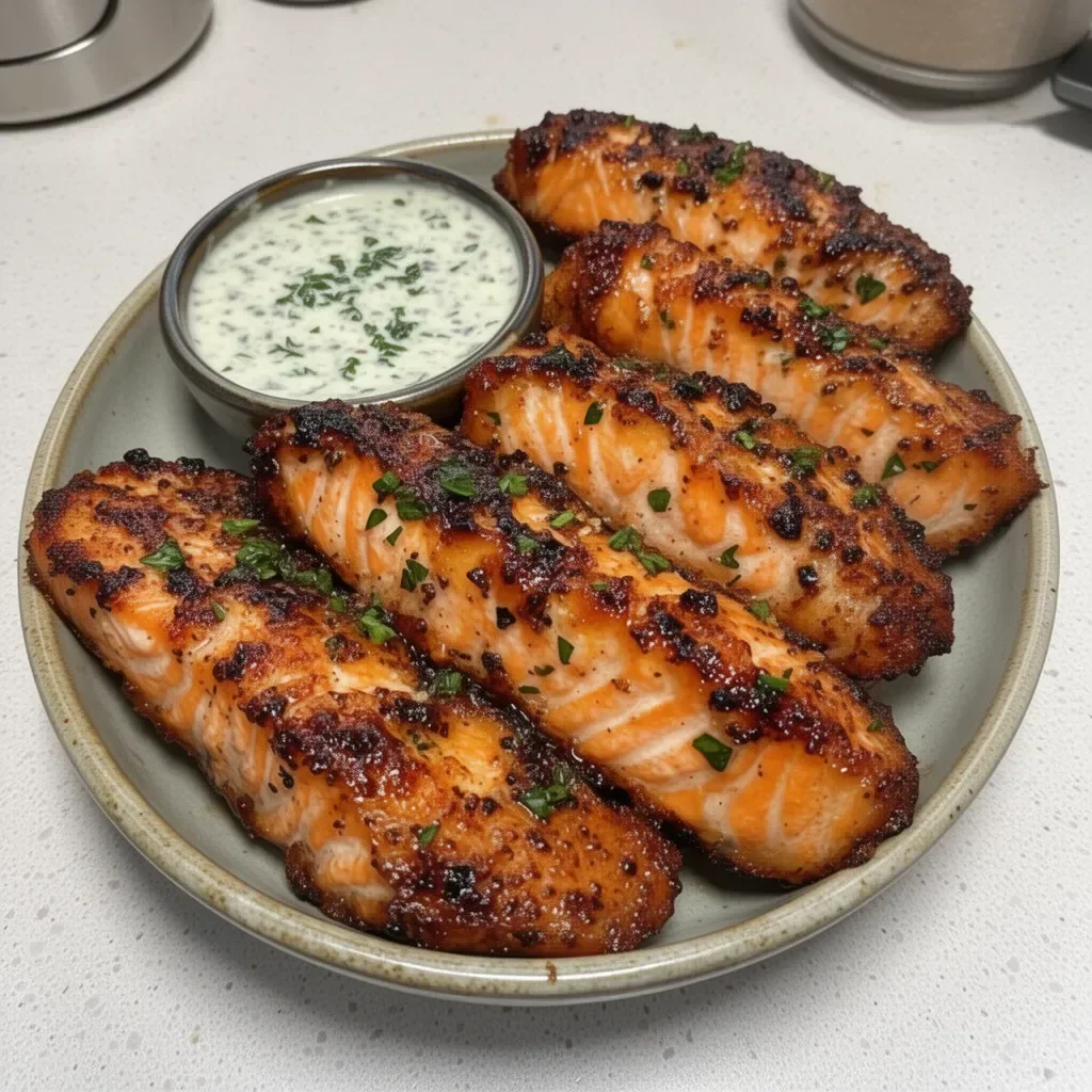 Crispy salmon strips served with herb tartar dip on a plate