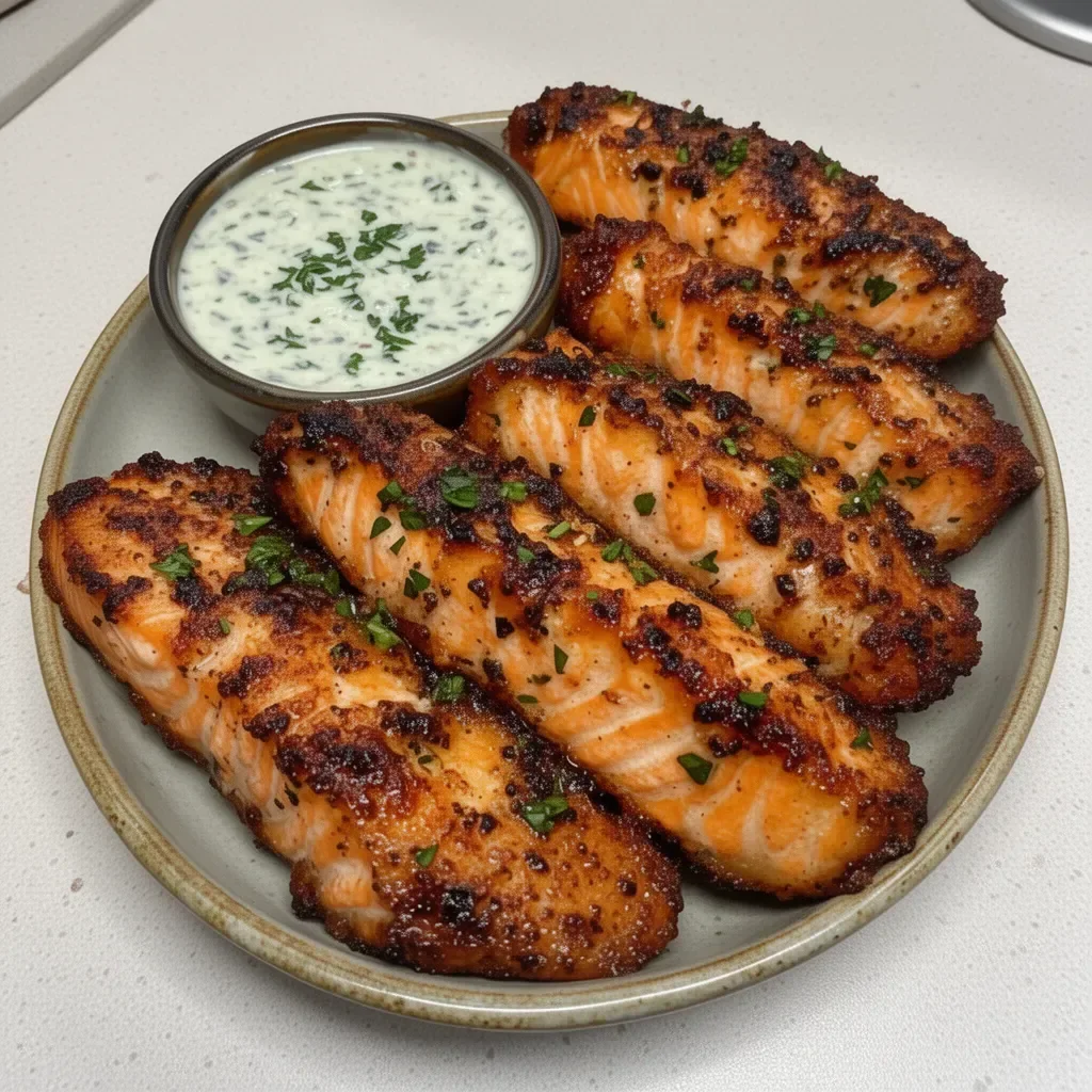 Crispy salmon strips served with a fresh herb tartar dip