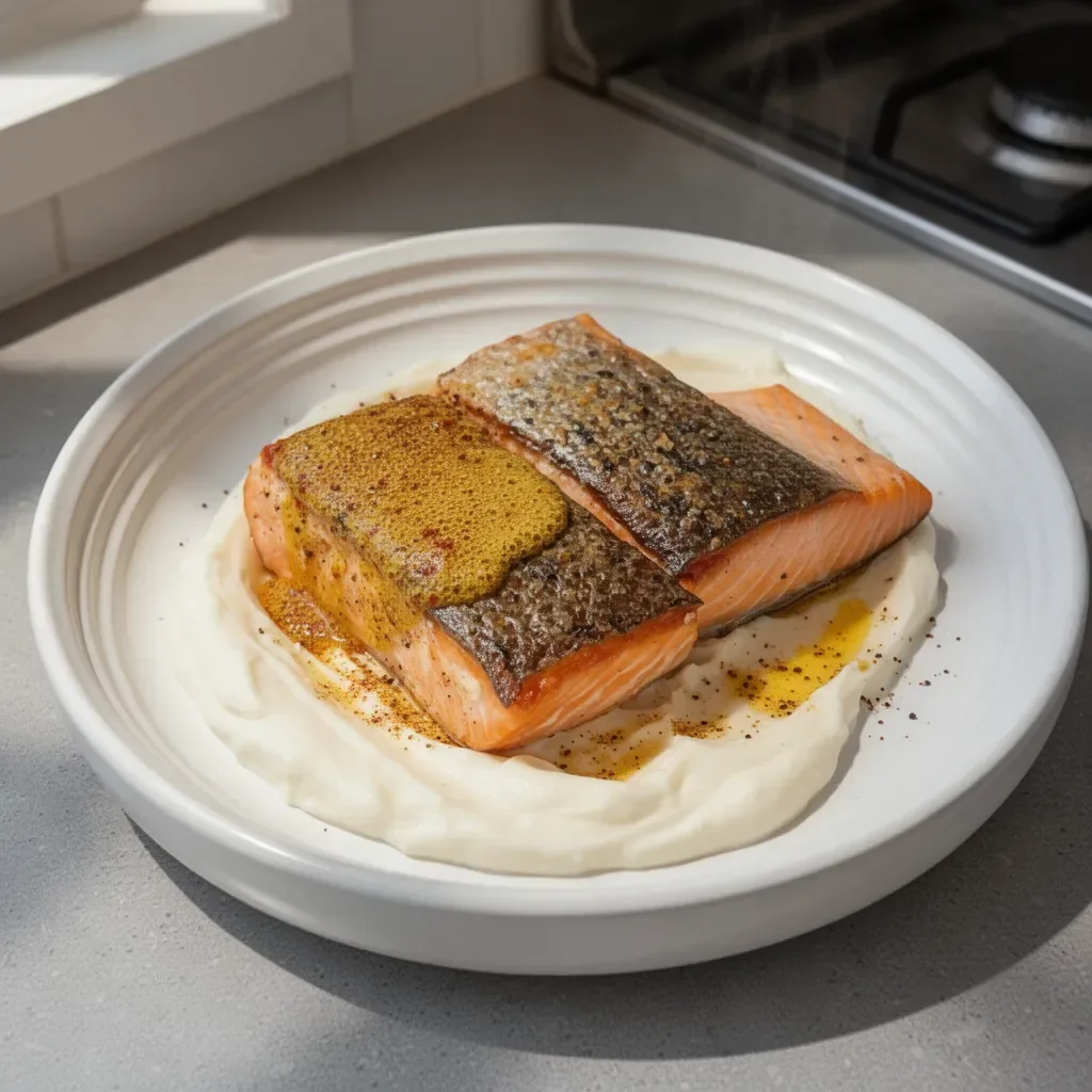 Crispy salmon fillet topped with spiced butter on a plate, garnished elegantly.