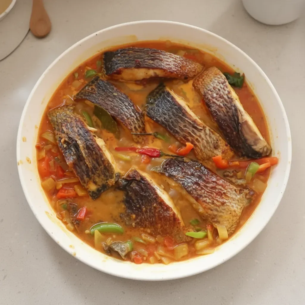 Delicious curry fish dish with vibrant spices and herbs served on a plate.