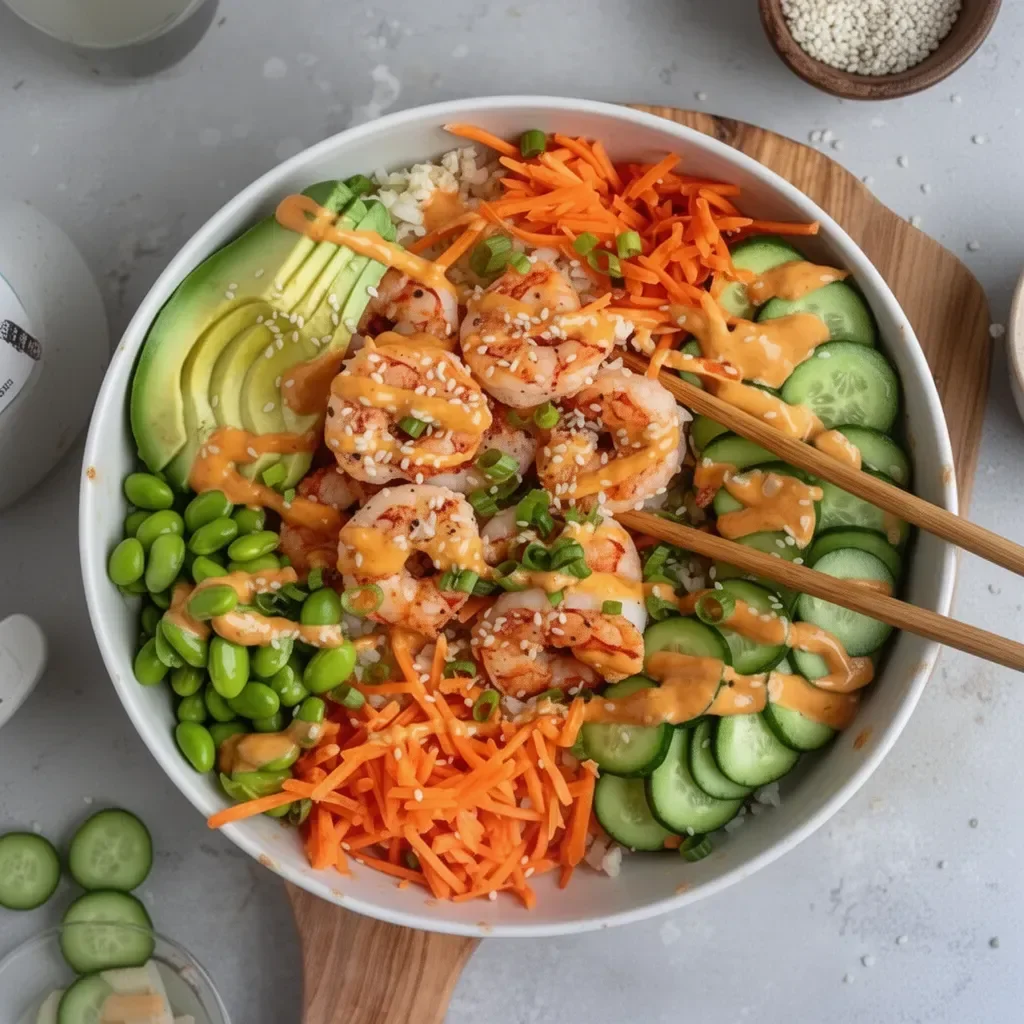 Deconstructed shrimp sushi bowl with fresh ingredients and colorful presentation.