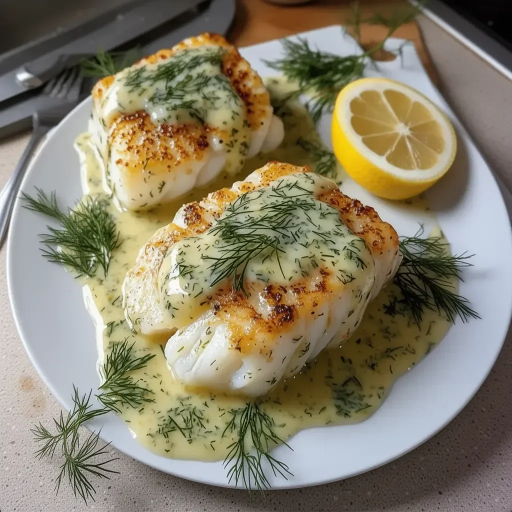 Plate of delicious baked cod with lemon dill sauce and fresh herbs