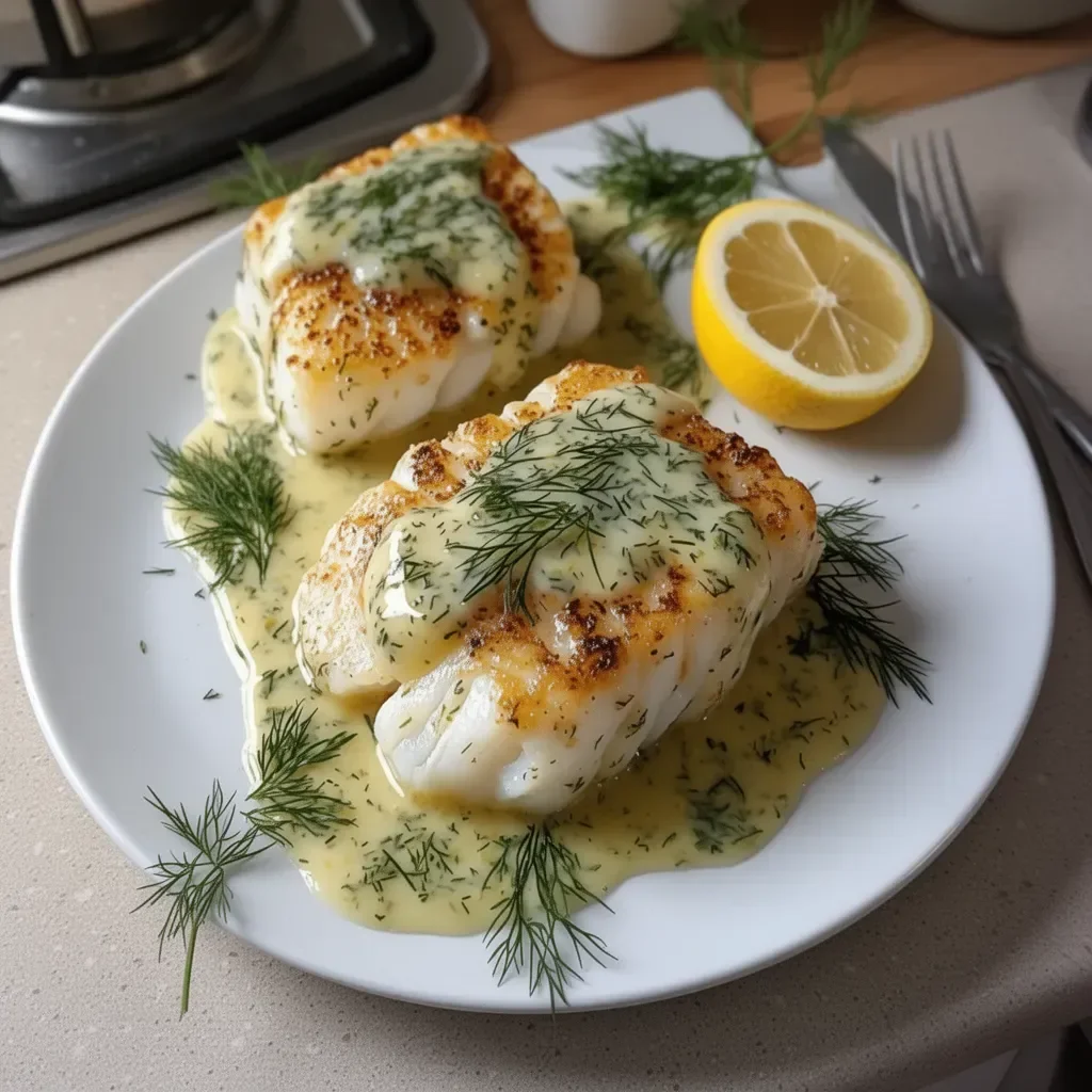 Delicious baked cod fillet served with lemon dill sauce.