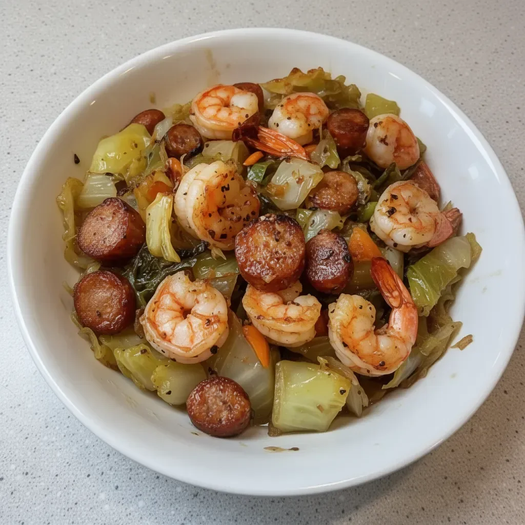 Plate of delicious fried cabbage with shrimp and sausage recipe