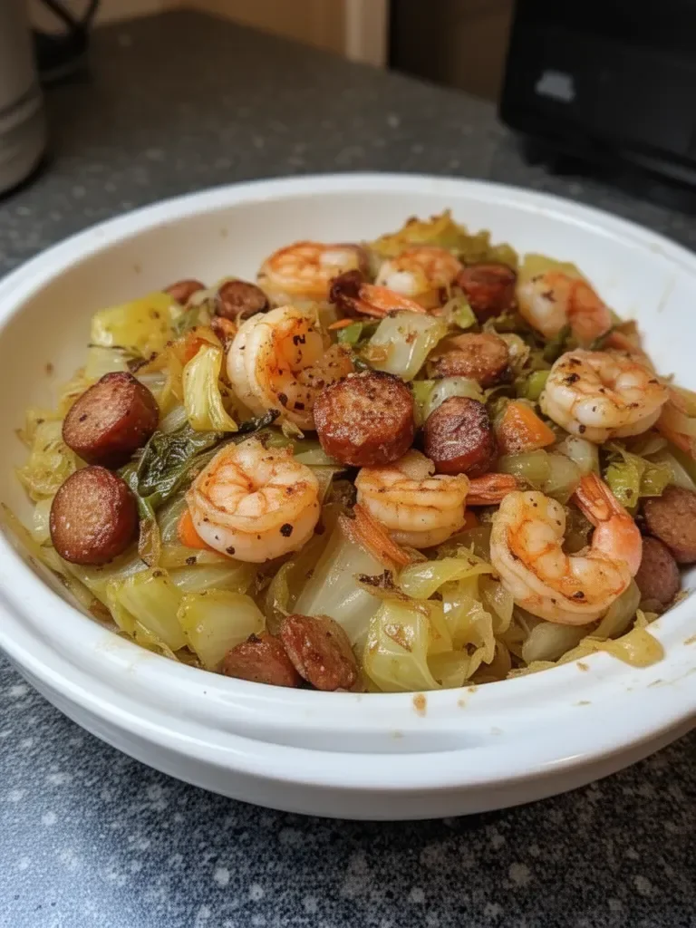 Delicious Fried Cabbage with Shrimp & Sausage