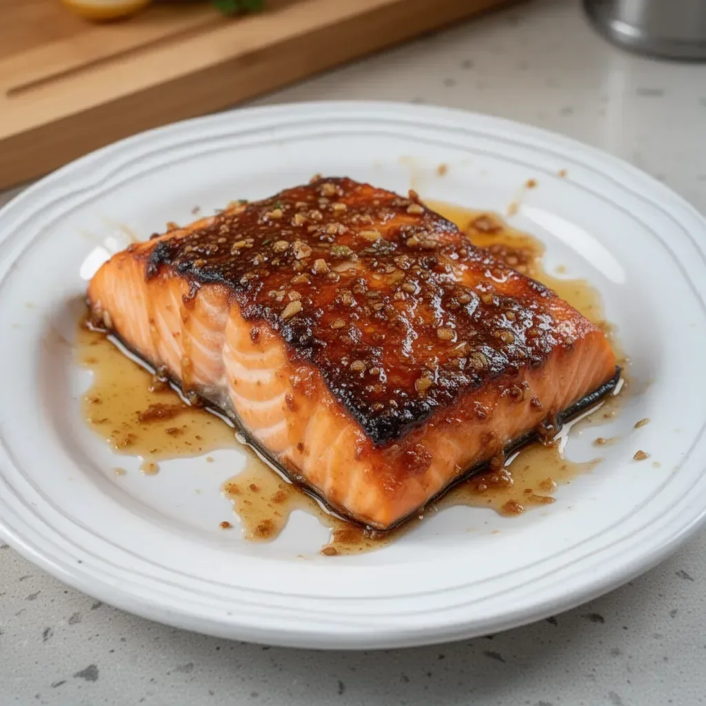 Baked honey garlic butter salmon garnished with herbs.