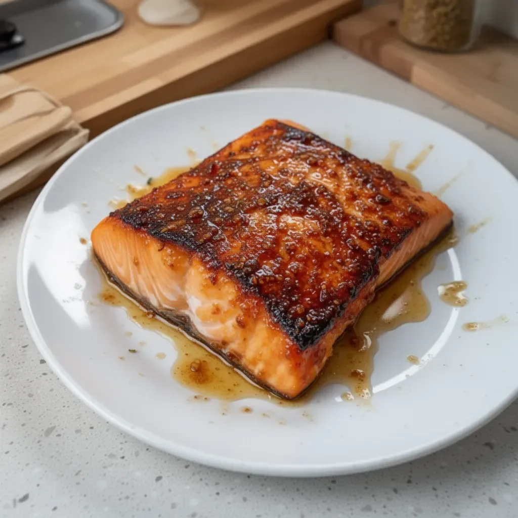 Easy 25-minute honey garlic butter baked salmon on a plate with herbs