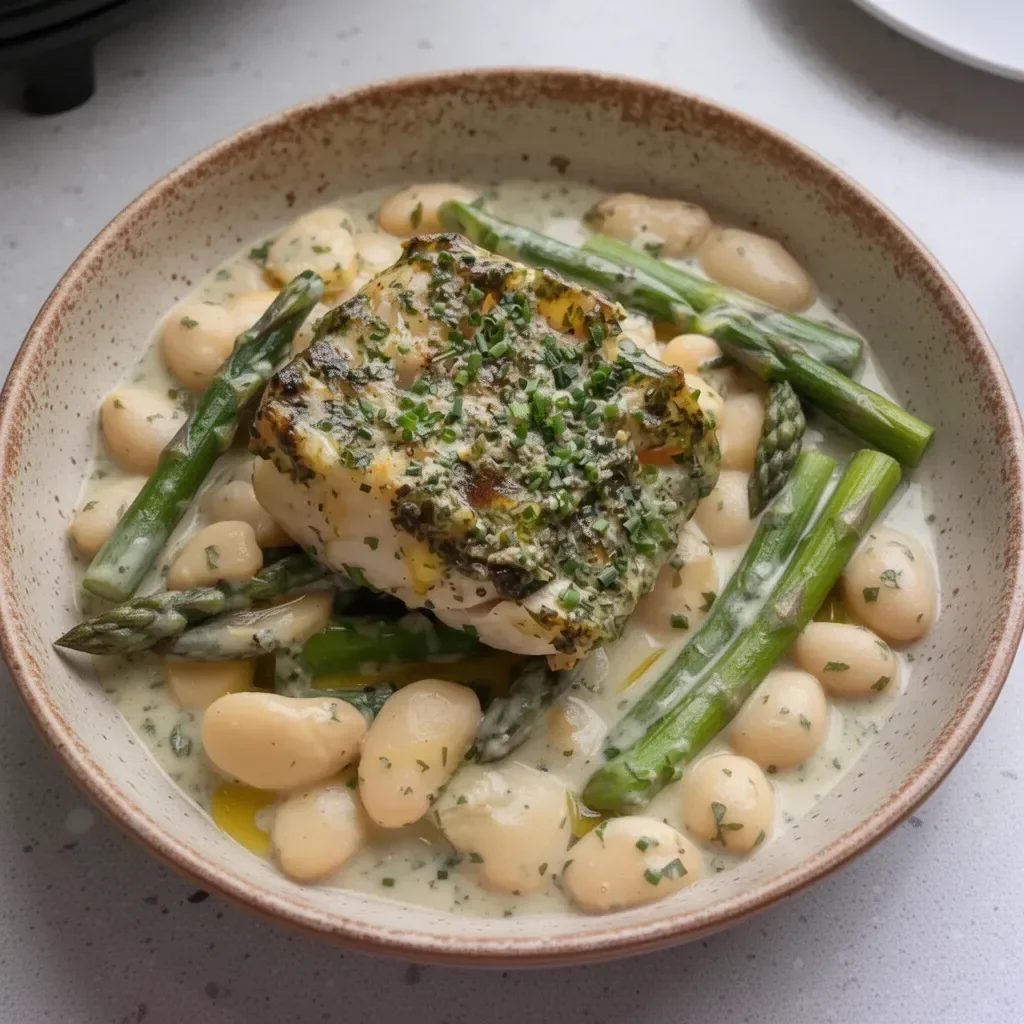 Easy air fryer cod served with herby mayo and asparagus for a healthy dinner.