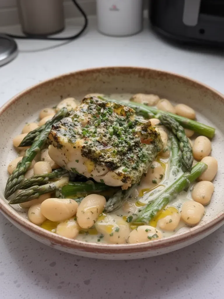 Easy Air Fryer Cod with Herby Mayo and Asparagus