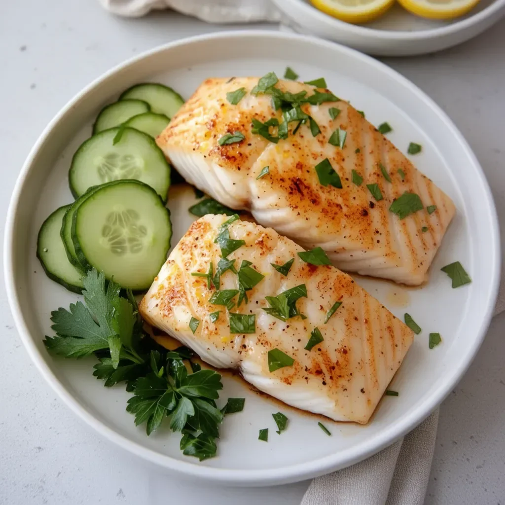Easy baked halibut steaks on a plate with herbs and lemon